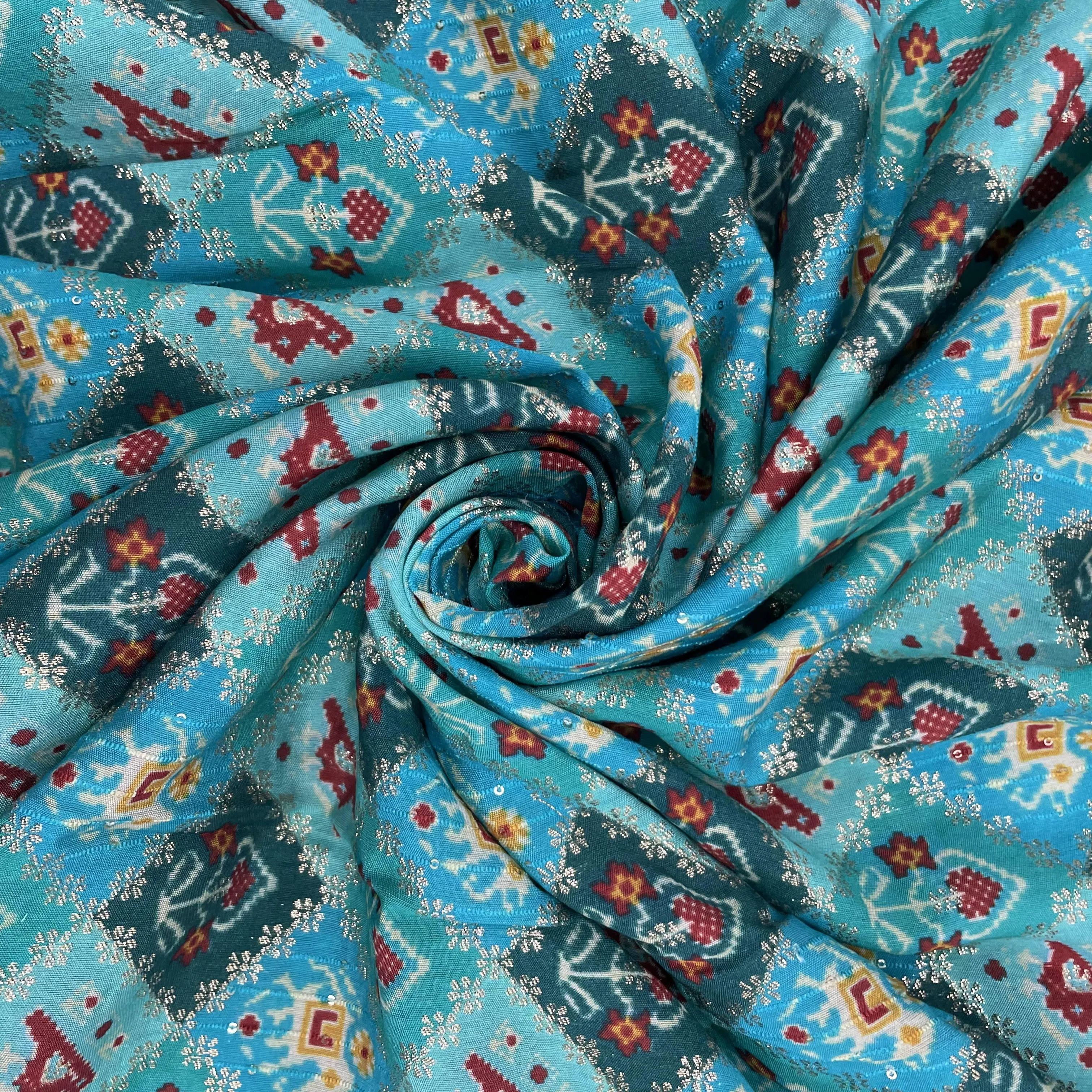 Sea Blue Ikat Patola With Gold Foil Chanderi Jacquard