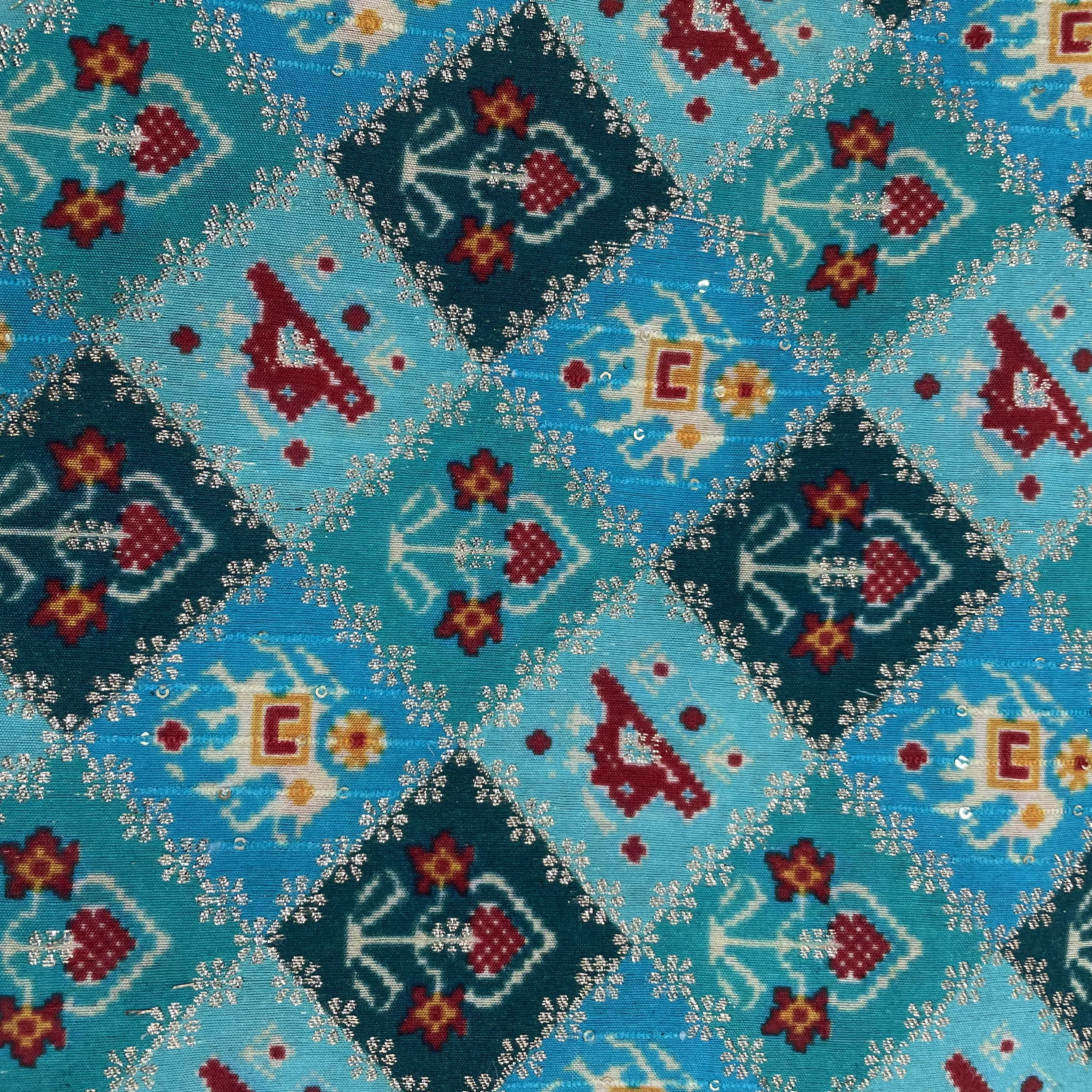 Sea Blue Ikat Patola With Gold Foil Chanderi Jacquard