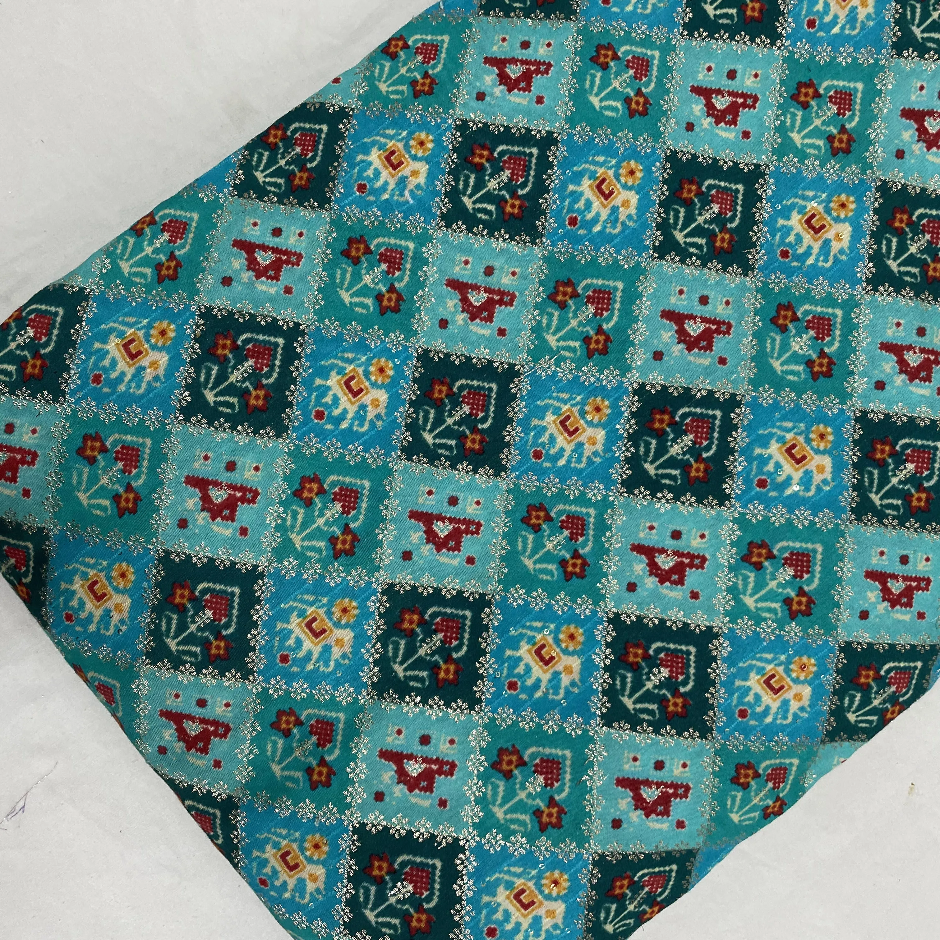 Sea Blue Ikat Patola With Gold Foil Chanderi Jacquard