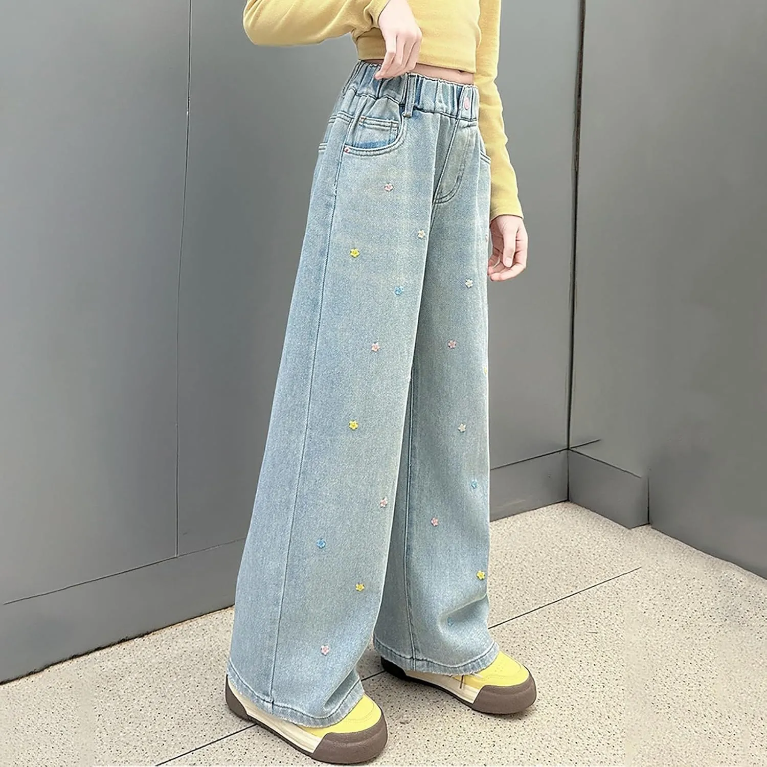 Teen Girls Wide Leg Jeans Baggy Heart Embroidery Elastic High Waist Denim Pants Vintage Y2k Streetwear Aesthetic Teen Clothes