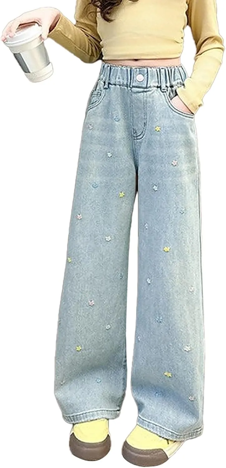 Teen Girls Wide Leg Jeans Baggy Heart Embroidery Elastic High Waist Denim Pants Vintage Y2k Streetwear Aesthetic Teen Clothes