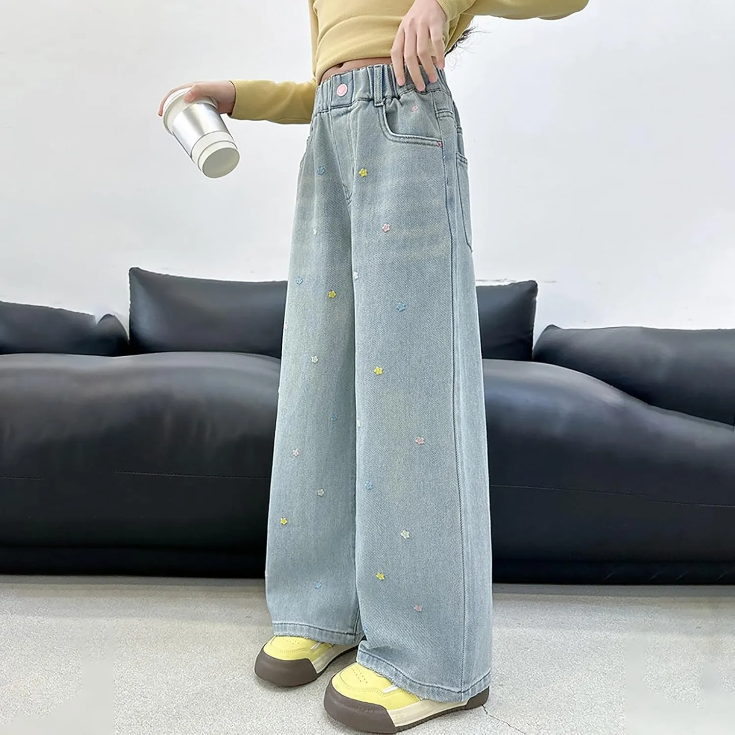 Teen Girls Wide Leg Jeans Baggy Heart Embroidery Elastic High Waist Denim Pants Vintage Y2k Streetwear Aesthetic Teen Clothes