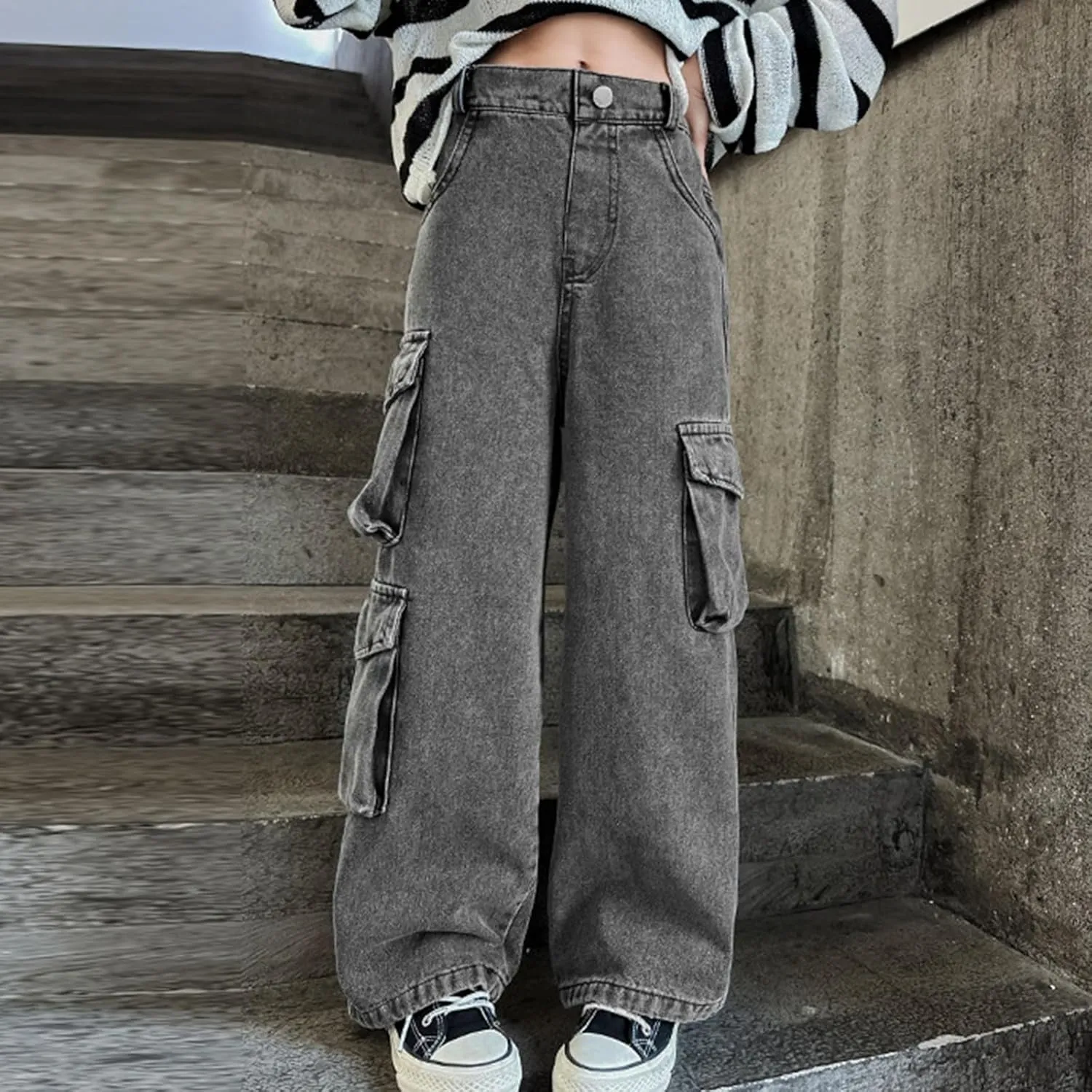 Teen Girls Wide Leg Jeans Baggy Heart Embroidery Elastic High Waist Denim Pants Vintage Y2k Streetwear Aesthetic Teen Clothes