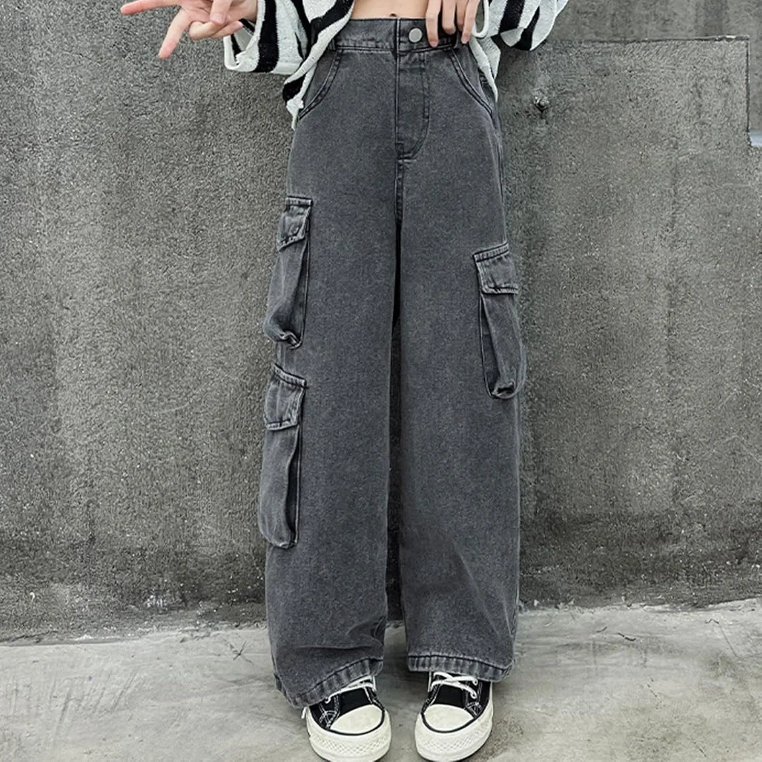 Teen Girls Wide Leg Jeans Baggy Heart Embroidery Elastic High Waist Denim Pants Vintage Y2k Streetwear Aesthetic Teen Clothes