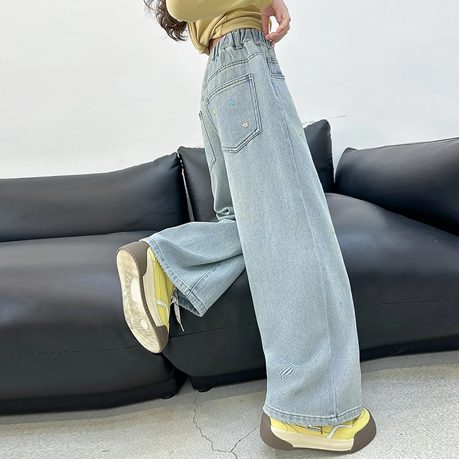 Teen Girls Wide Leg Jeans Baggy Heart Embroidery Elastic High Waist Denim Pants Vintage Y2k Streetwear Aesthetic Teen Clothes