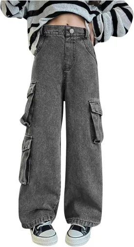 Teen Girls Wide Leg Jeans Baggy Heart Embroidery Elastic High Waist Denim Pants Vintage Y2k Streetwear Aesthetic Teen Clothes
