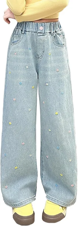 Teen Girls Wide Leg Jeans Baggy Heart Embroidery Elastic High Waist Denim Pants Vintage Y2k Streetwear Aesthetic Teen Clothes