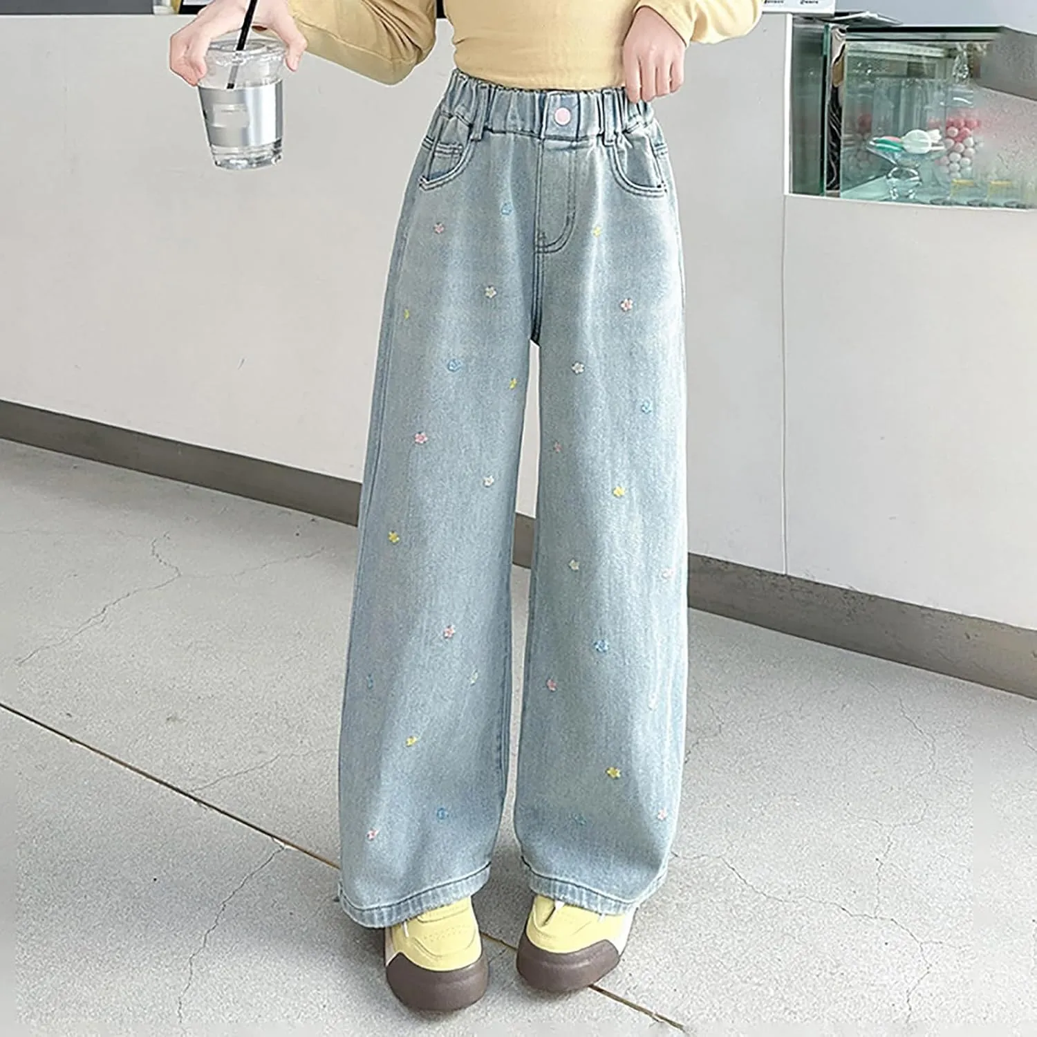 Teen Girls Wide Leg Jeans Baggy Heart Embroidery Elastic High Waist Denim Pants Vintage Y2k Streetwear Aesthetic Teen Clothes