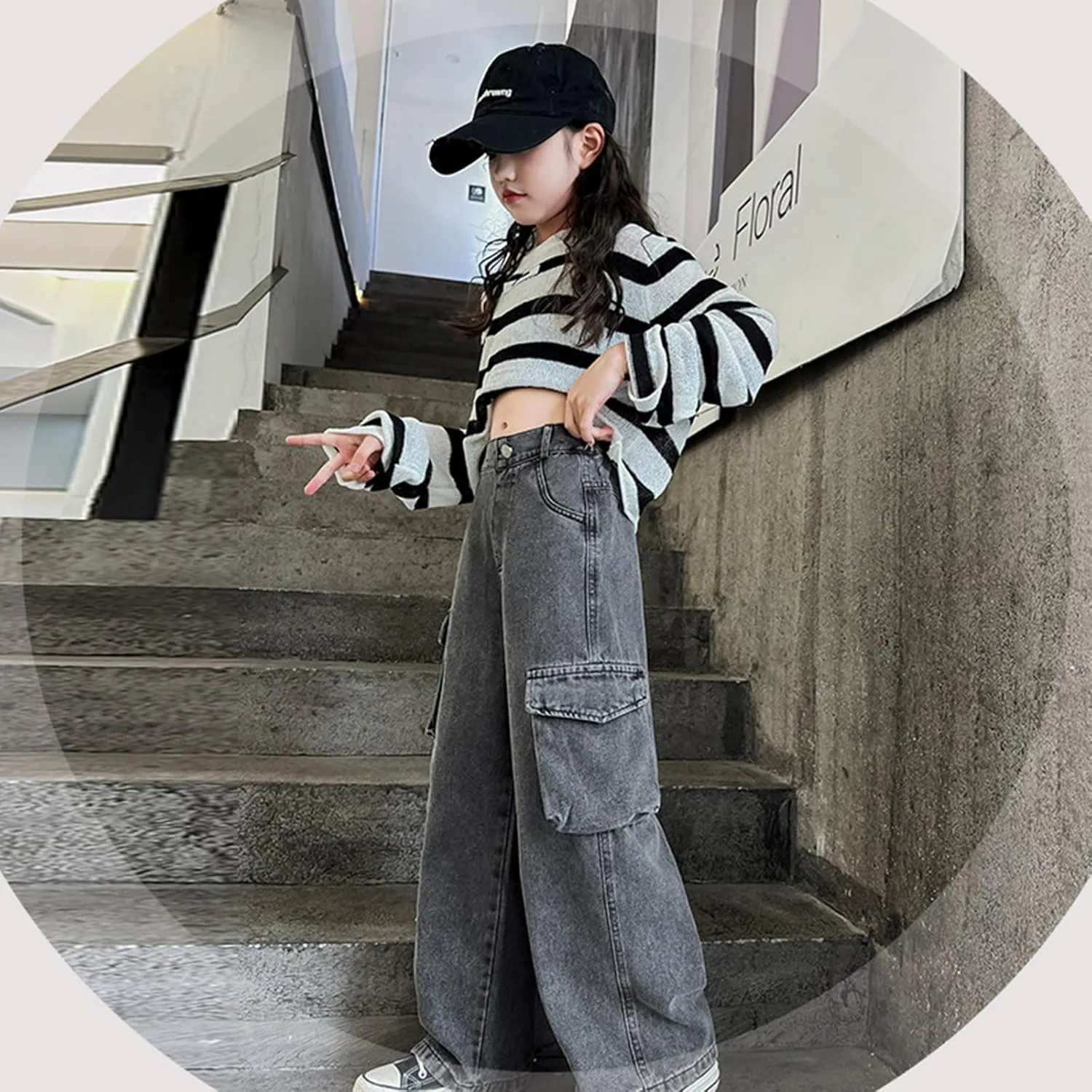 Teen Girls Wide Leg Jeans Baggy Heart Embroidery Elastic High Waist Denim Pants Vintage Y2k Streetwear Aesthetic Teen Clothes