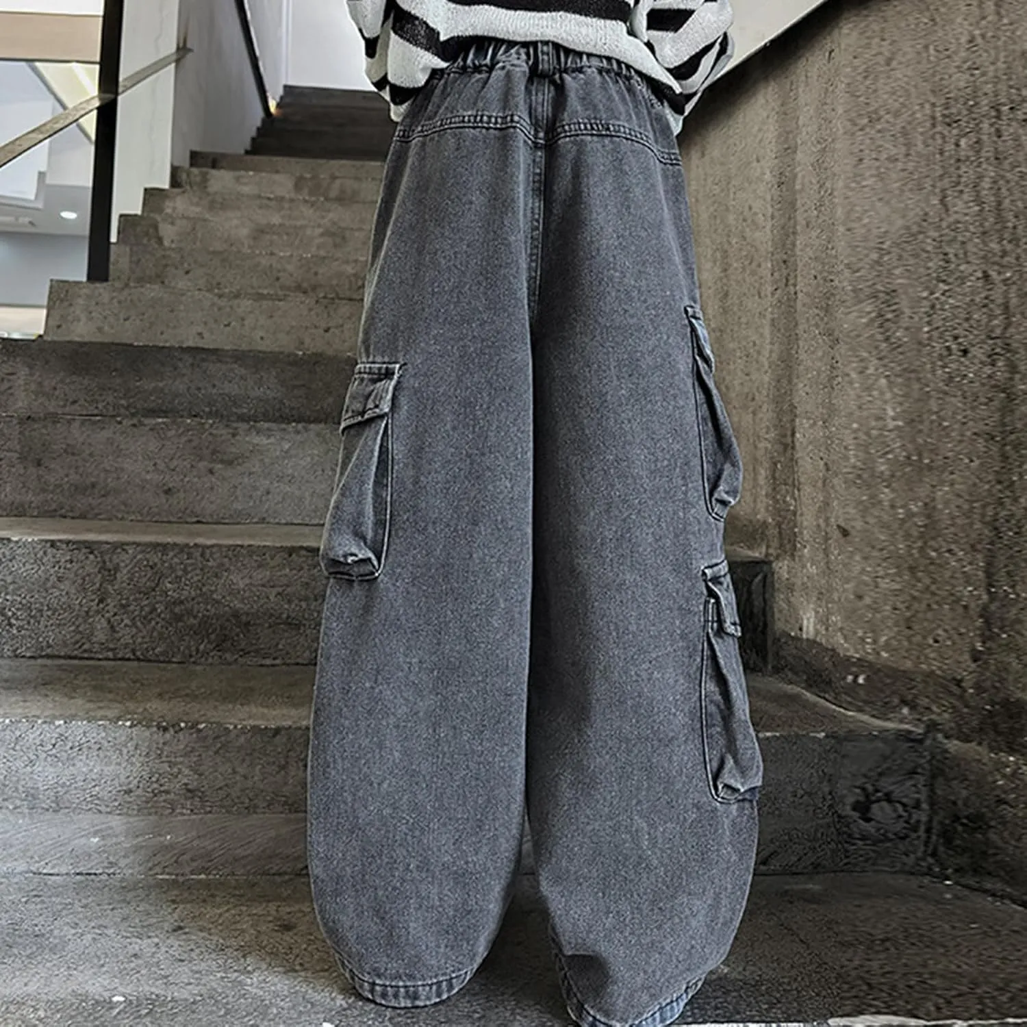 Teen Girls Wide Leg Jeans Baggy Heart Embroidery Elastic High Waist Denim Pants Vintage Y2k Streetwear Aesthetic Teen Clothes