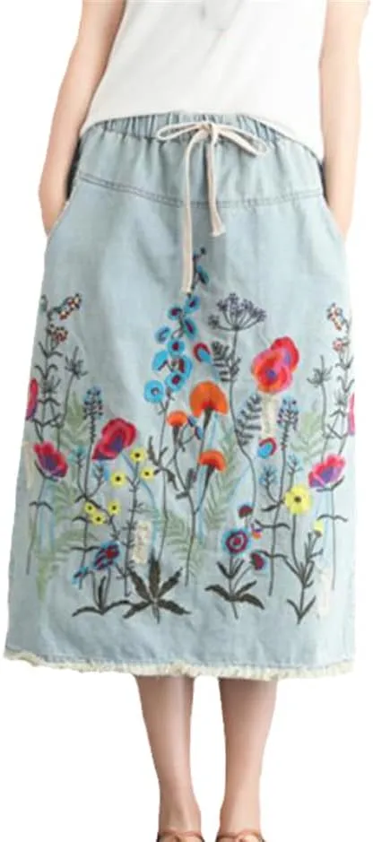 UIOKLMJH Women's Plus Size Embroidered Denim Long Skirt Summer Elastic Waist Denim Pencil Skirt