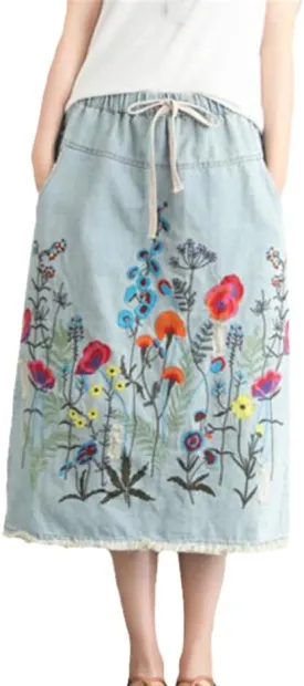 UIOKLMJH Women's Plus Size Embroidered Denim Long Skirt Summer Elastic Waist Denim Pencil Skirt