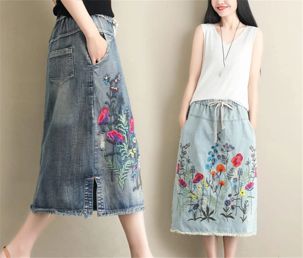 UIOKLMJH Women's Plus Size Embroidered Denim Long Skirt Summer Elastic Waist Denim Pencil Skirt