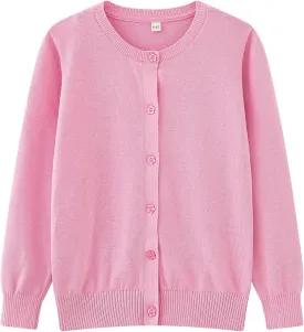 UMELOK Girls Cardigan School Uniform Sweater Crew Neck Long Sleeve Cotton Sweaters