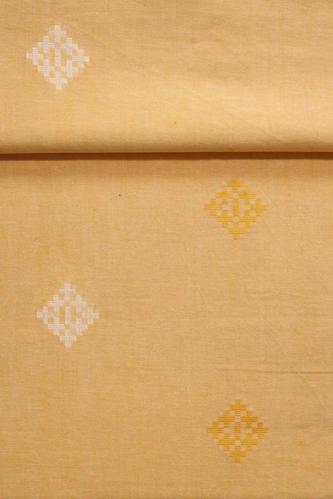 White And Mellow Yellow Small Booti Pattern Handwoven Organic Cotton Fabric