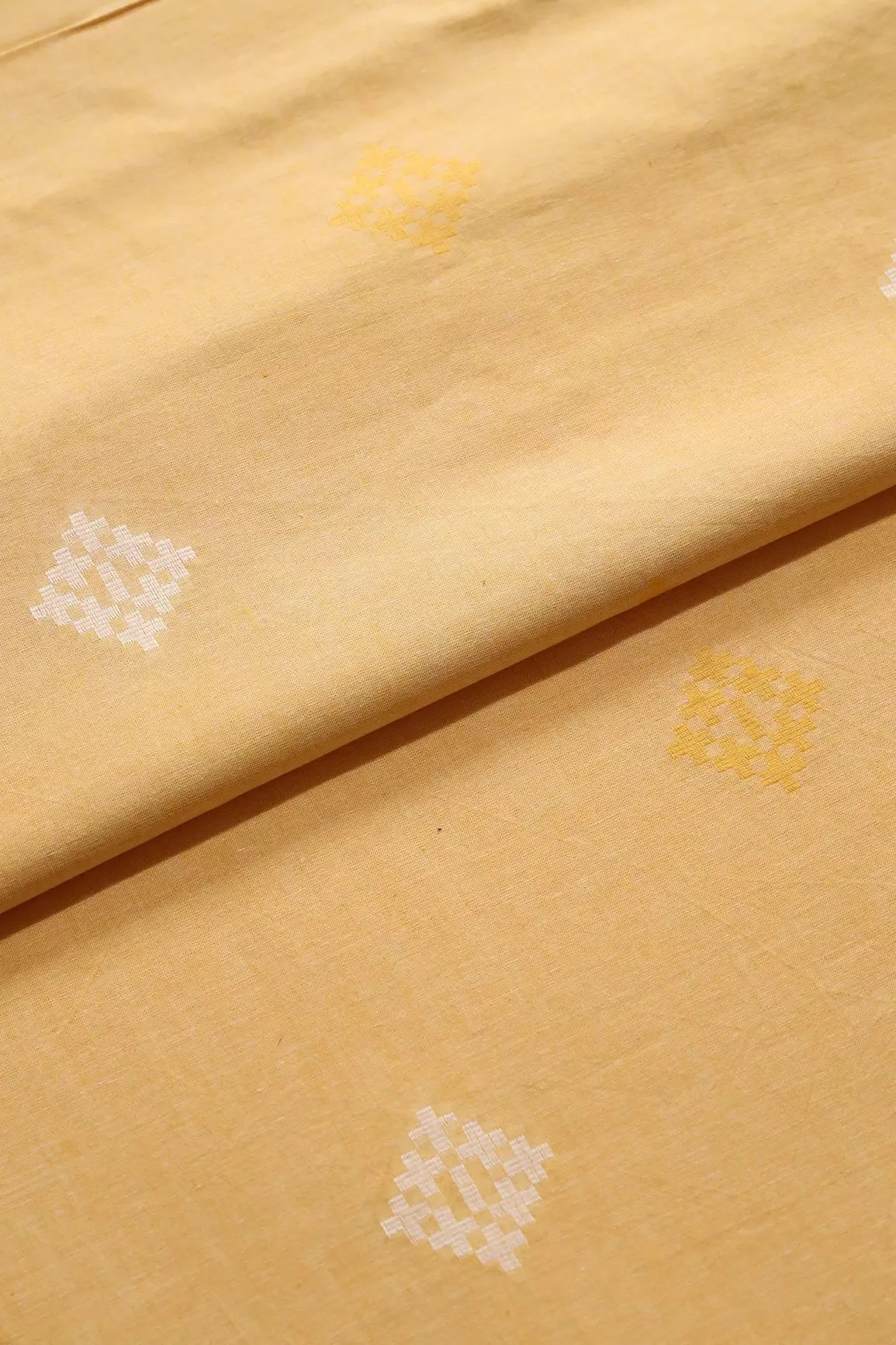 White And Mellow Yellow Small Booti Pattern Handwoven Organic Cotton Fabric