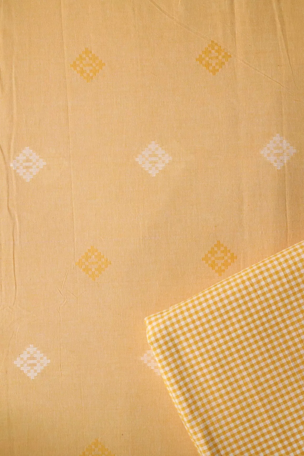 White And Mellow Yellow Small Booti Pattern Handwoven Organic Cotton Fabric