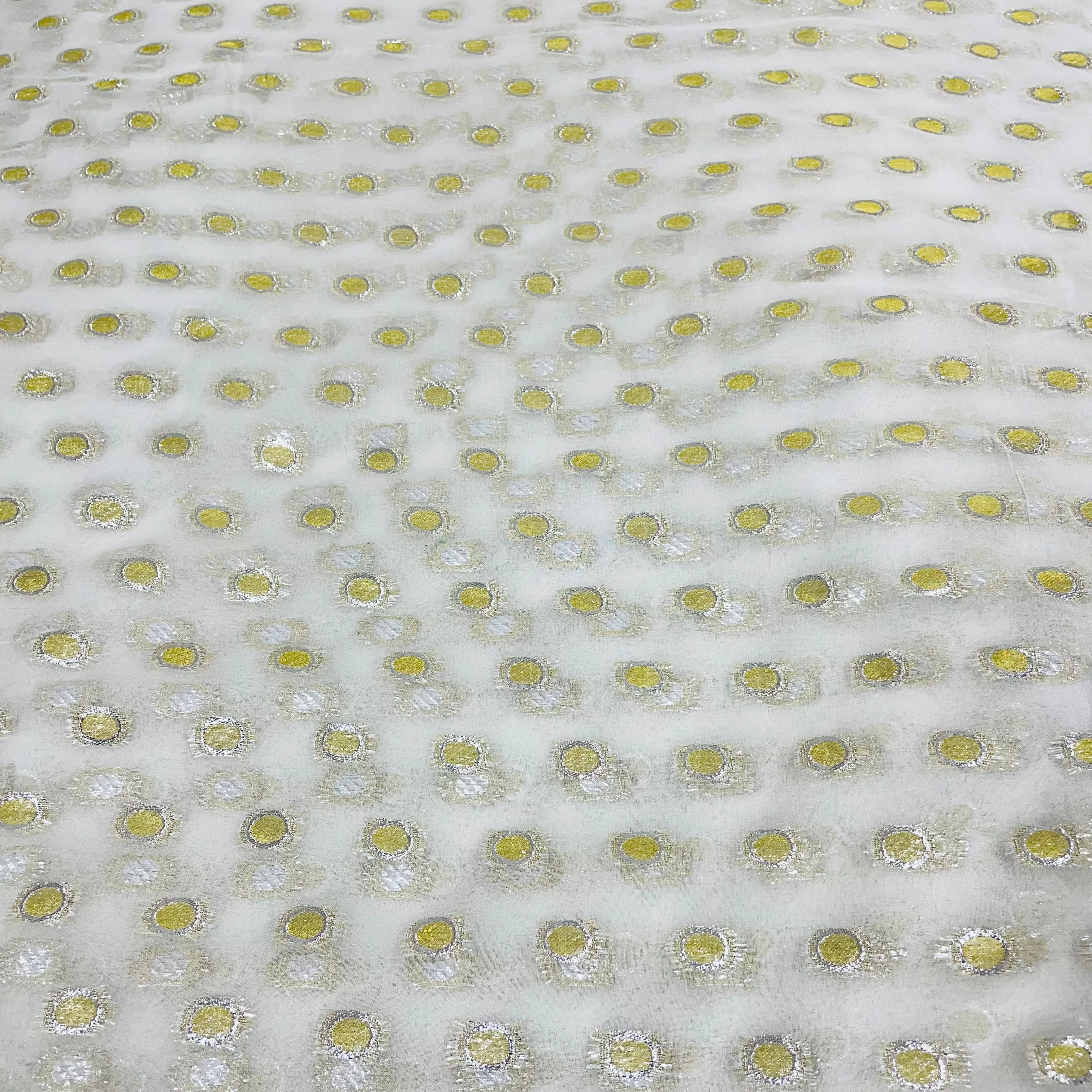 White with Golden and Silver Lurex Geometrical Georgette Jacquard Dyeable Fabric