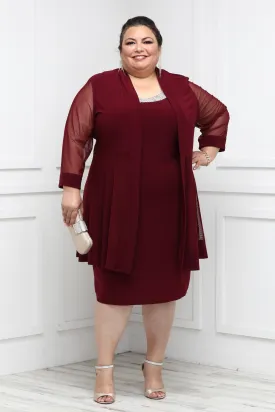 Women Plus Size Two-Piece Beaded Neckline Jacket Dress with Sheer Sleeves