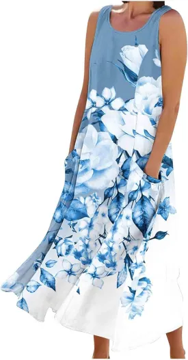 Women Summer Linen Dresses 2025 Trendy Floral Print Maxi Sundress Vacation Casual Sleeveless U Neck Dress with Pockets