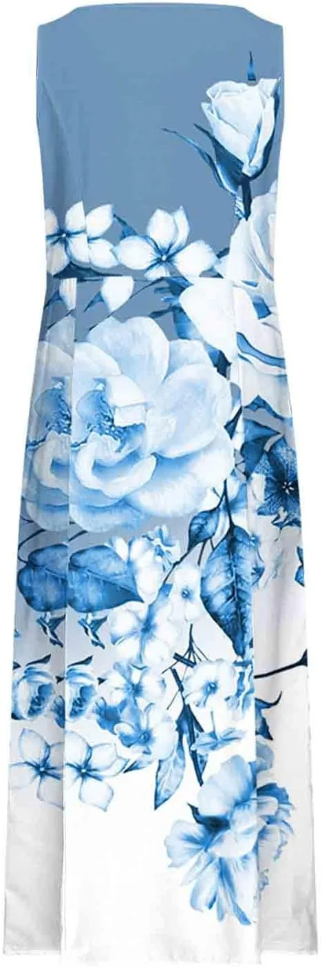 Women Summer Linen Dresses 2025 Trendy Floral Print Maxi Sundress Vacation Casual Sleeveless U Neck Dress with Pockets