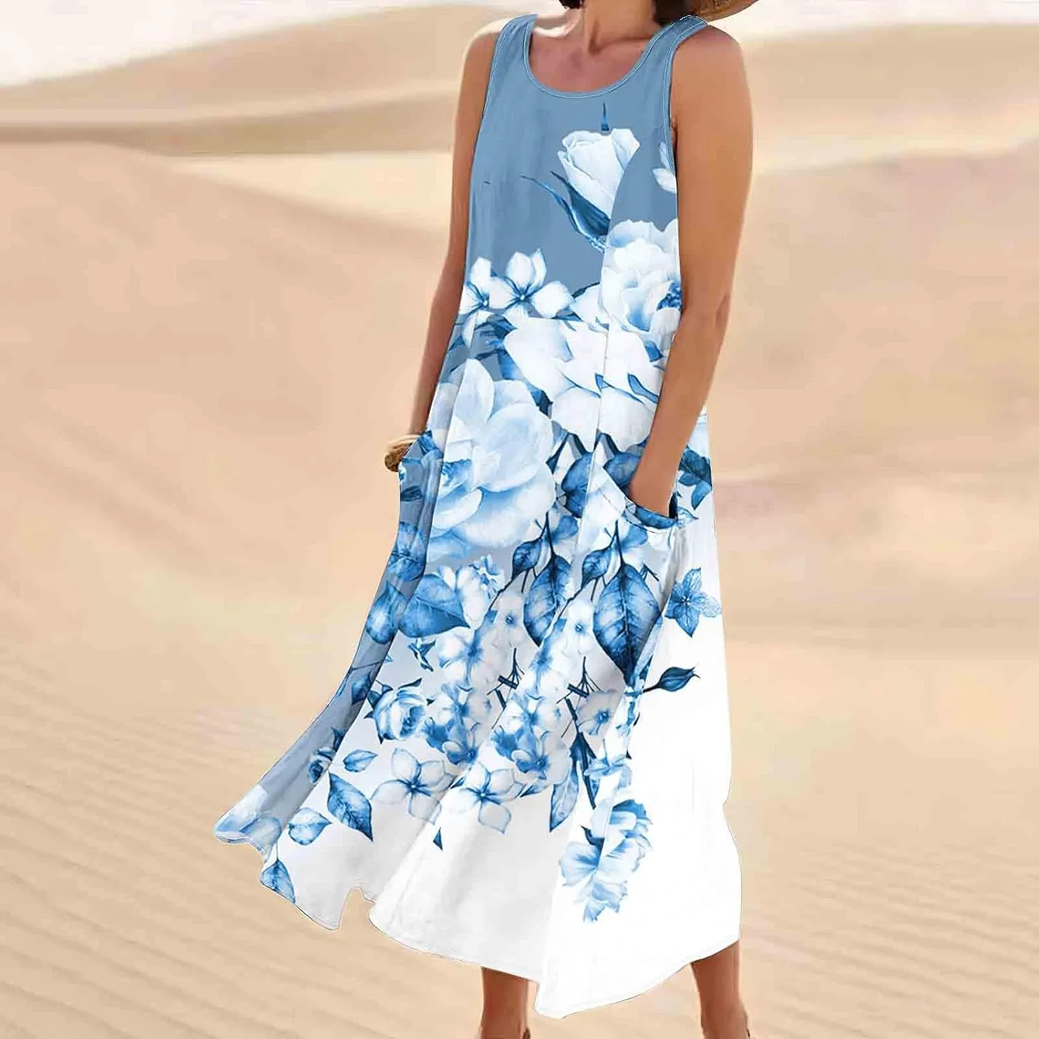 Women Summer Linen Dresses 2025 Trendy Floral Print Maxi Sundress Vacation Casual Sleeveless U Neck Dress with Pockets