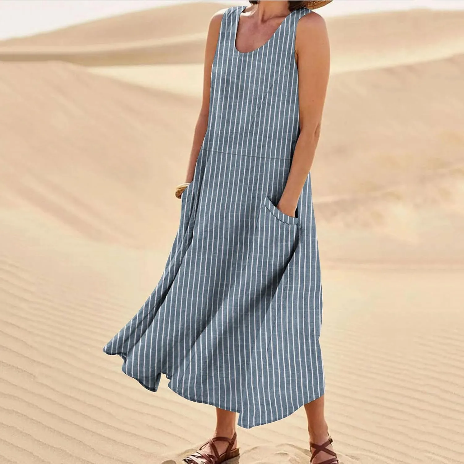 Women's Cotton Linen Dress 2025 Summer Sleeveless Maxi Dresses Plus Size Flowy Tank Sundress Beach Vacation Outfits