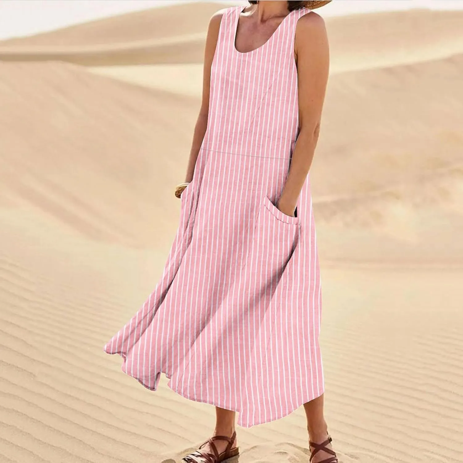 Women's Cotton Linen Dress 2025 Summer Sleeveless Maxi Dresses Plus Size Flowy Tank Sundress Beach Vacation Outfits