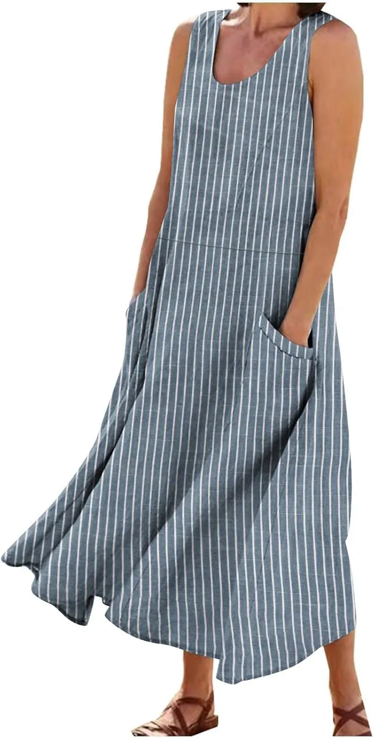 Women's Cotton Linen Dress 2025 Summer Sleeveless Maxi Dresses Plus Size Flowy Tank Sundress Beach Vacation Outfits