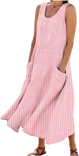 Women's Cotton Linen Dress 2025 Summer Sleeveless Maxi Dresses Plus Size Flowy Tank Sundress Beach Vacation Outfits