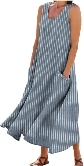 Women's Cotton Linen Dress 2025 Summer Sleeveless Maxi Dresses Plus Size Flowy Tank Sundress Beach Vacation Outfits