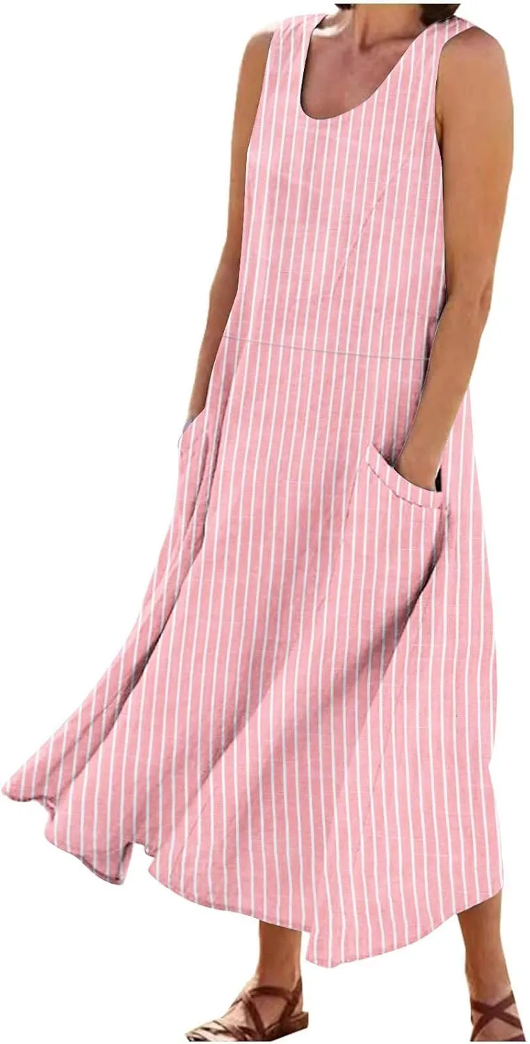 Women's Cotton Linen Dress 2025 Summer Sleeveless Maxi Dresses Plus Size Flowy Tank Sundress Beach Vacation Outfits