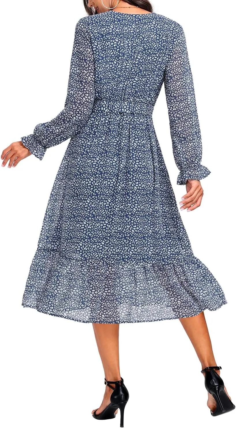 Women's Fall Long Sleeve Spring Dress Wrap V Neck Swiss Dot Casual A-Line Midi Dresses with Belt