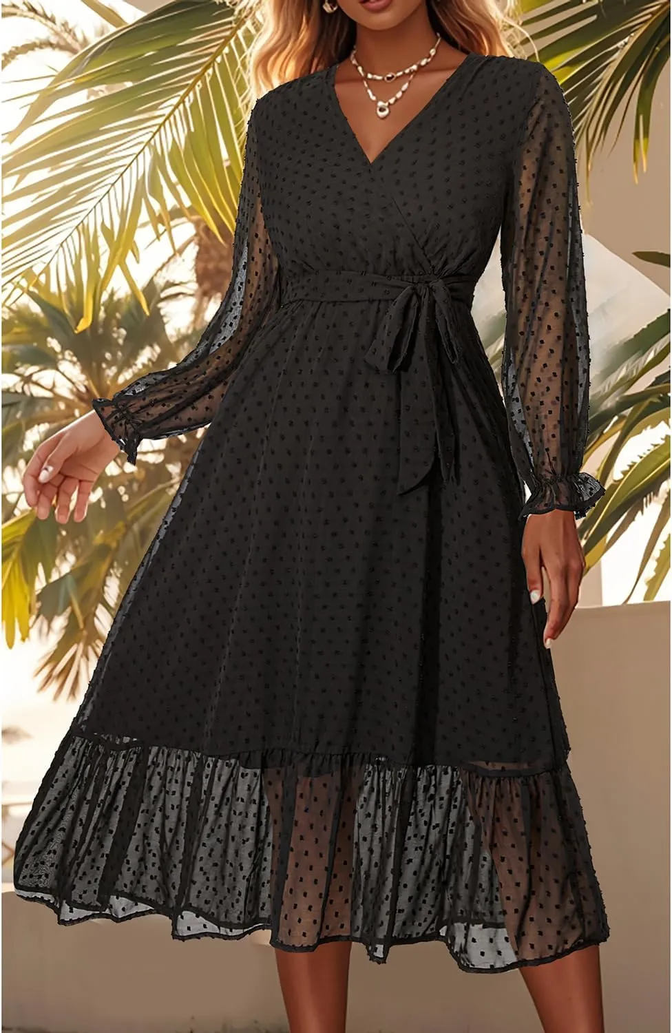 Women's Fall Long Sleeve Spring Dress Wrap V Neck Swiss Dot Casual A-Line Midi Dresses with Belt