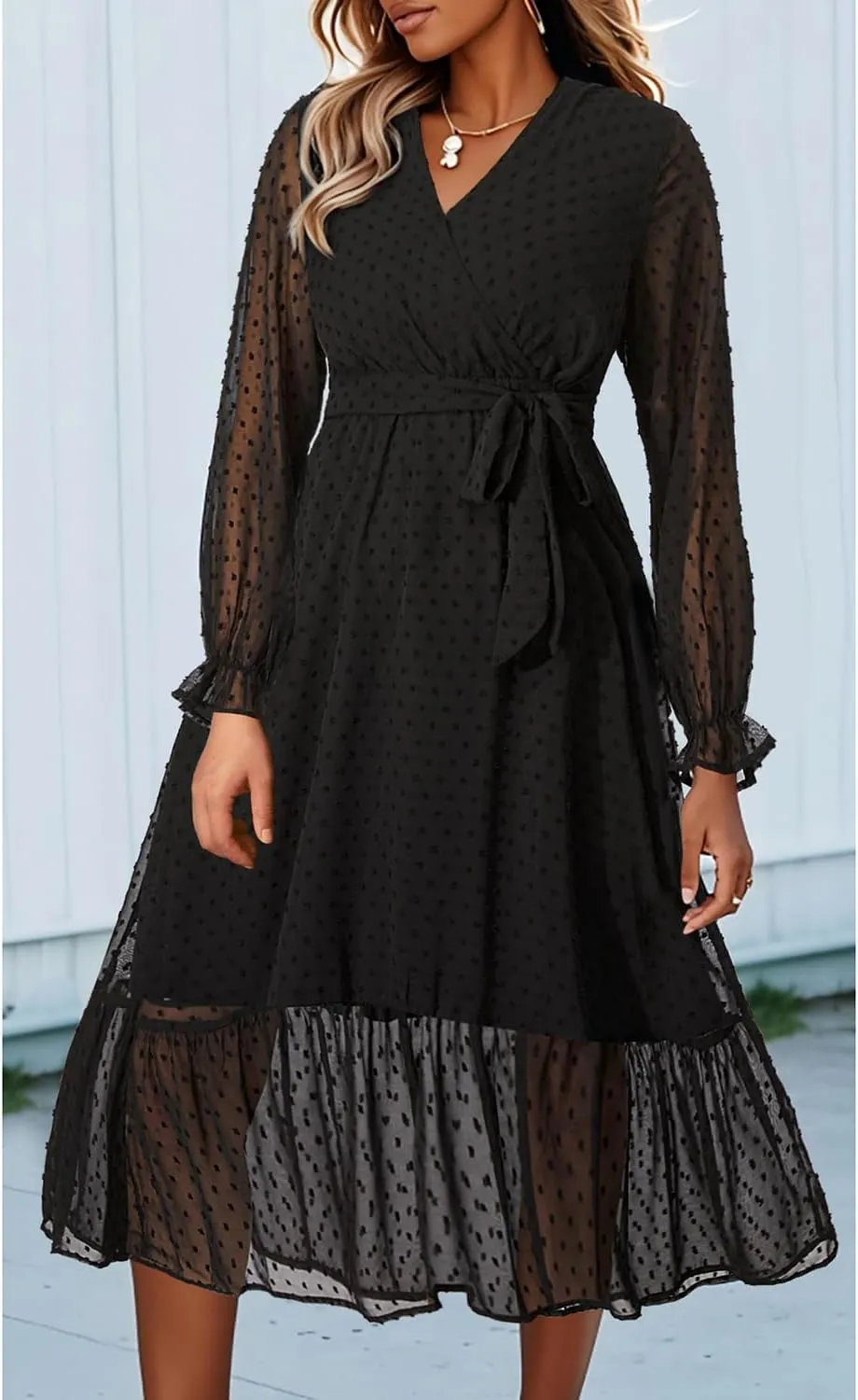 Women's Fall Long Sleeve Spring Dress Wrap V Neck Swiss Dot Casual A-Line Midi Dresses with Belt