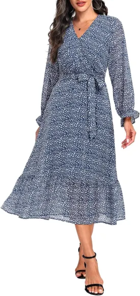 Women's Fall Long Sleeve Spring Dress Wrap V Neck Swiss Dot Casual A-Line Midi Dresses with Belt