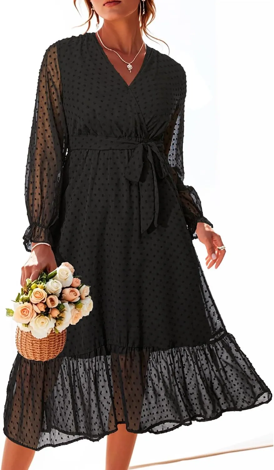 Women's Fall Long Sleeve Spring Dress Wrap V Neck Swiss Dot Casual A-Line Midi Dresses with Belt