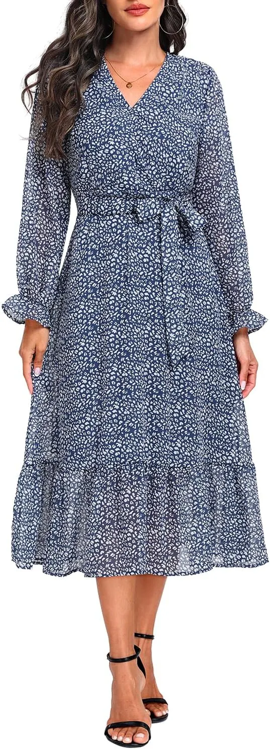 Women's Fall Long Sleeve Spring Dress Wrap V Neck Swiss Dot Casual A-Line Midi Dresses with Belt