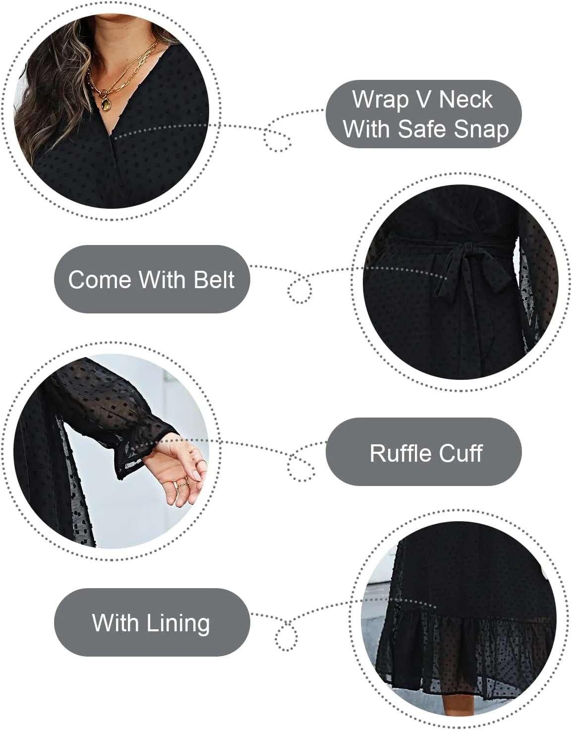 Women's Fall Long Sleeve Spring Dress Wrap V Neck Swiss Dot Casual A-Line Midi Dresses with Belt