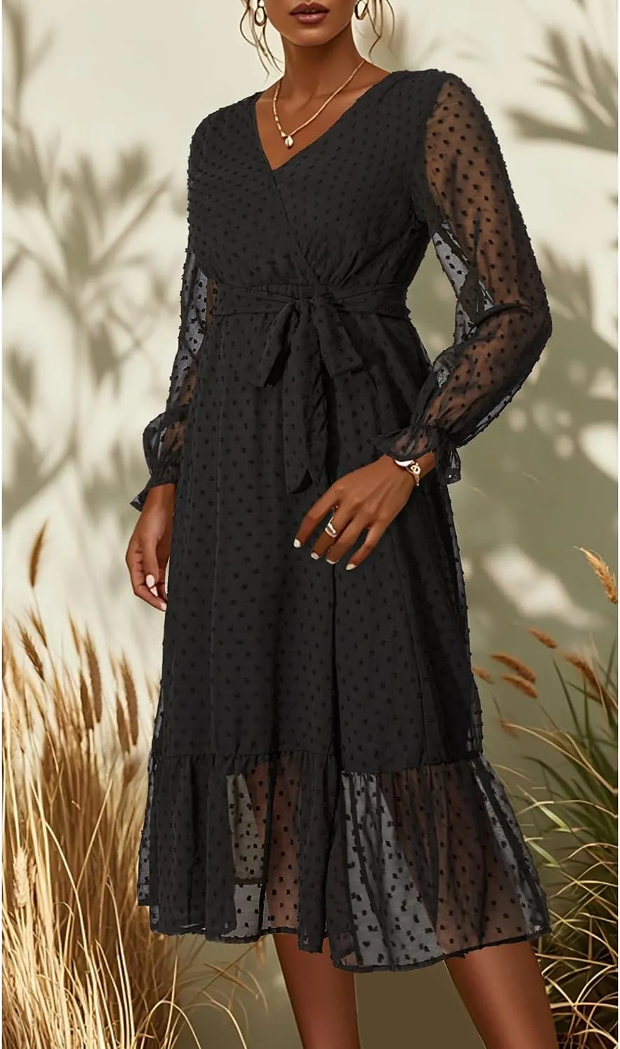 Women's Fall Long Sleeve Spring Dress Wrap V Neck Swiss Dot Casual A-Line Midi Dresses with Belt