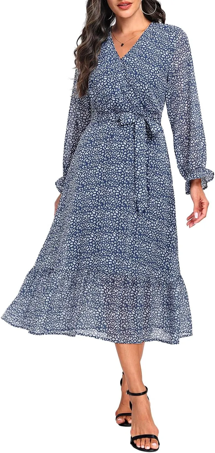 Women's Fall Long Sleeve Spring Dress Wrap V Neck Swiss Dot Casual A-Line Midi Dresses with Belt