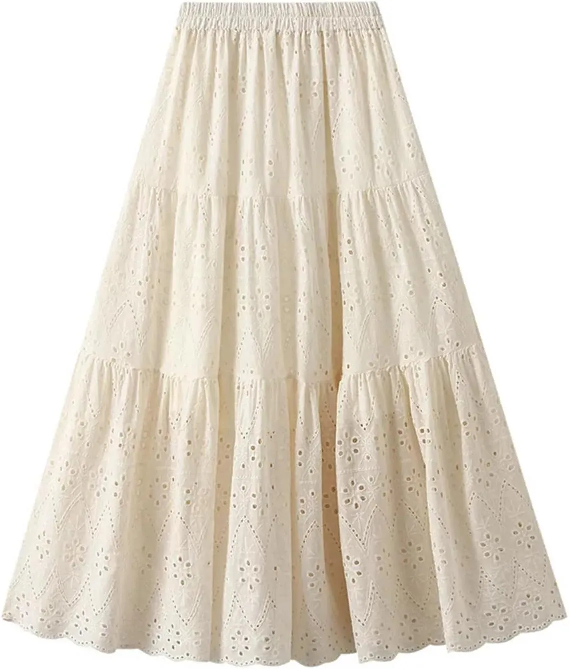 Women's French Style Skirts Female Solid Hollow Embroidery High Waist Casual Elegant A-Line Skirt