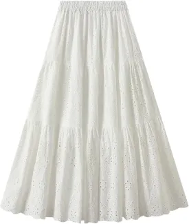 Women's French Style Skirts Female Solid Hollow Embroidery High Waist Casual Elegant A-Line Skirt