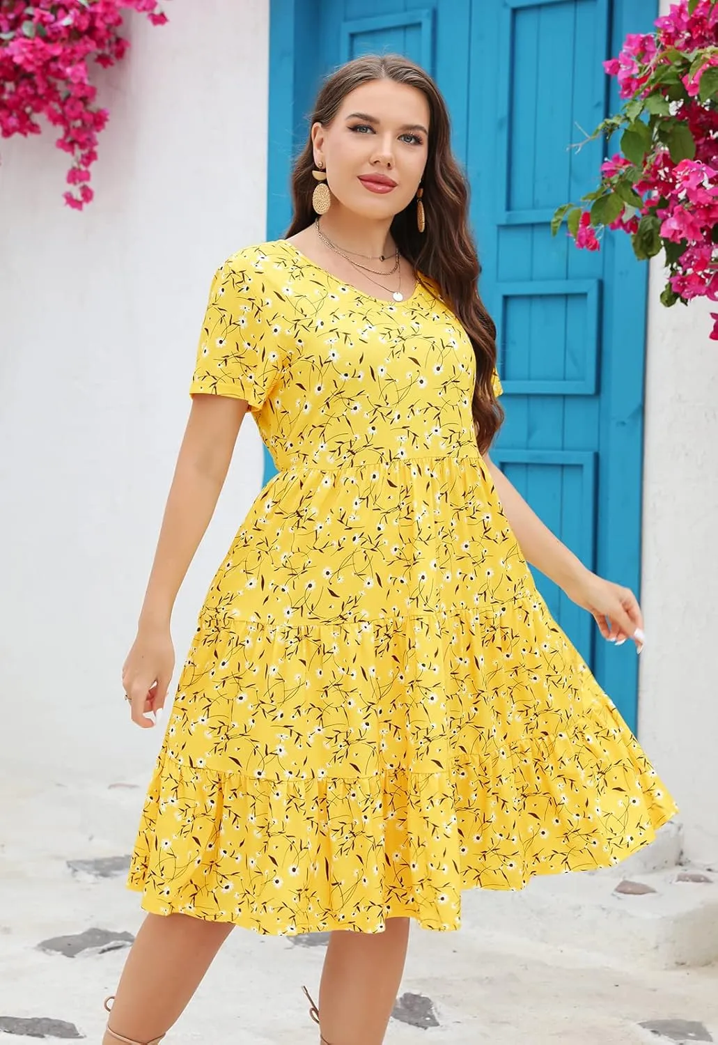 Women's Plus Size Casual Summer Tiered Dresses Short Sleeve Scoop Neck Ruffle Hem Loose Fitting Midi Babydoll Dress