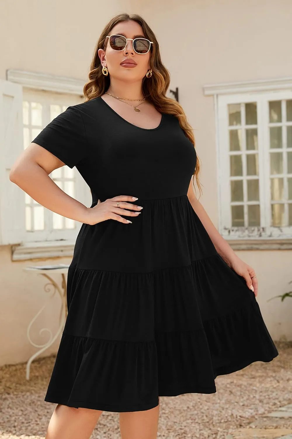 Women's Plus Size Casual Summer Tiered Dresses Short Sleeve Scoop Neck Ruffle Hem Loose Fitting Midi Babydoll Dress