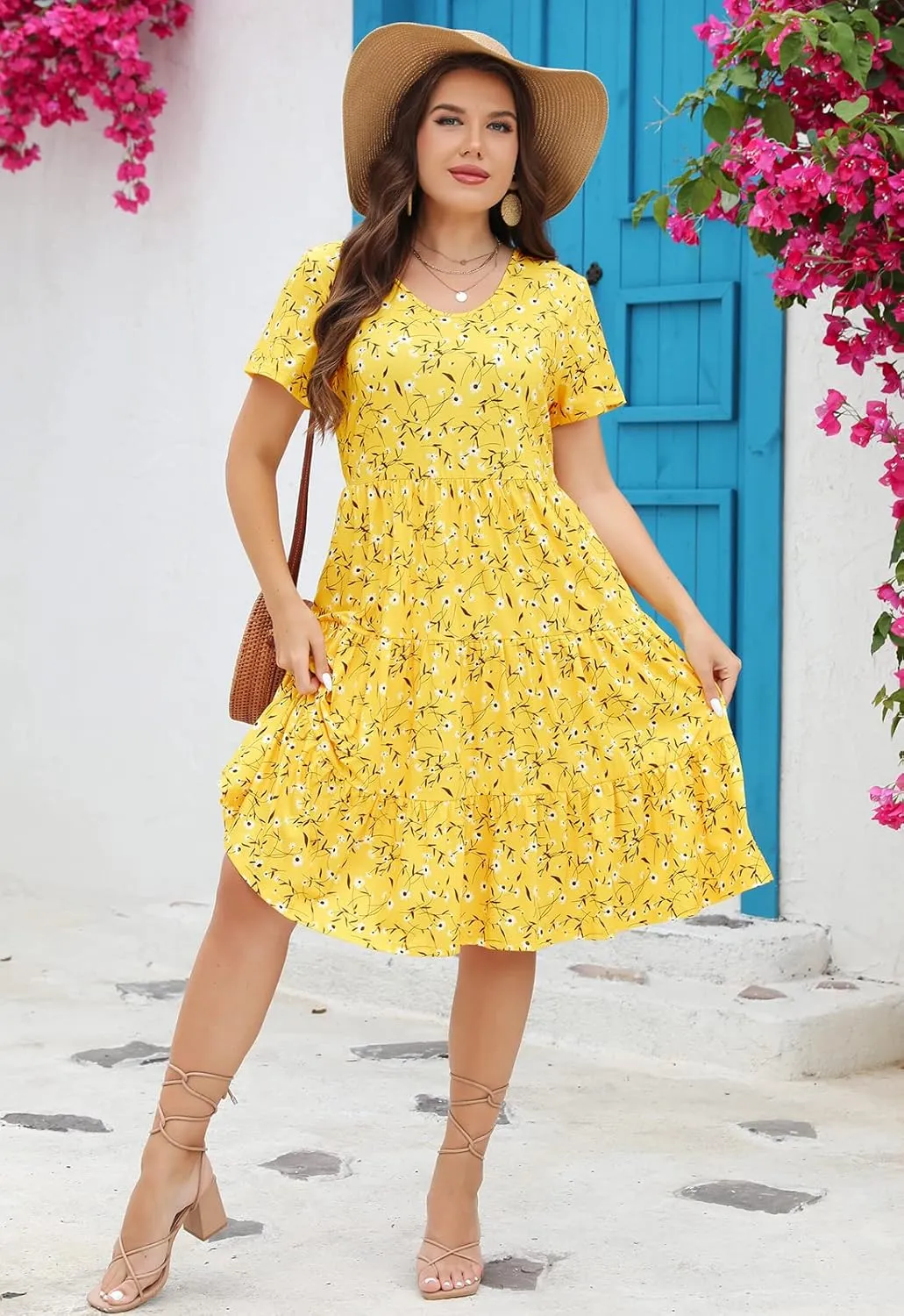 Women's Plus Size Casual Summer Tiered Dresses Short Sleeve Scoop Neck Ruffle Hem Loose Fitting Midi Babydoll Dress