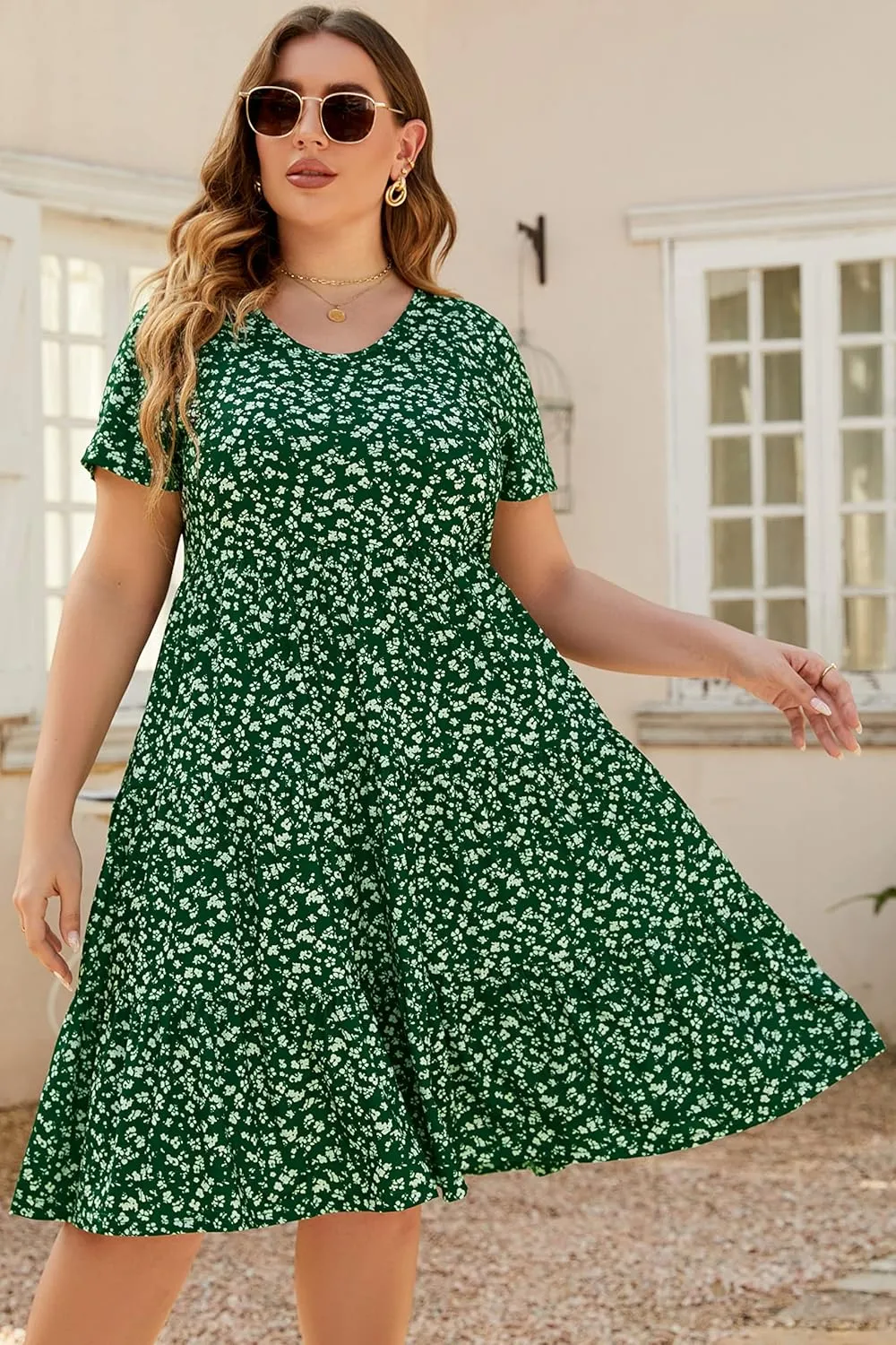 Women's Plus Size Casual Summer Tiered Dresses Short Sleeve Scoop Neck Ruffle Hem Loose Fitting Midi Babydoll Dress