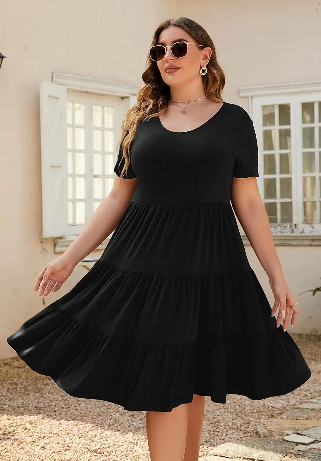 Women's Plus Size Casual Summer Tiered Dresses Short Sleeve Scoop Neck Ruffle Hem Loose Fitting Midi Babydoll Dress