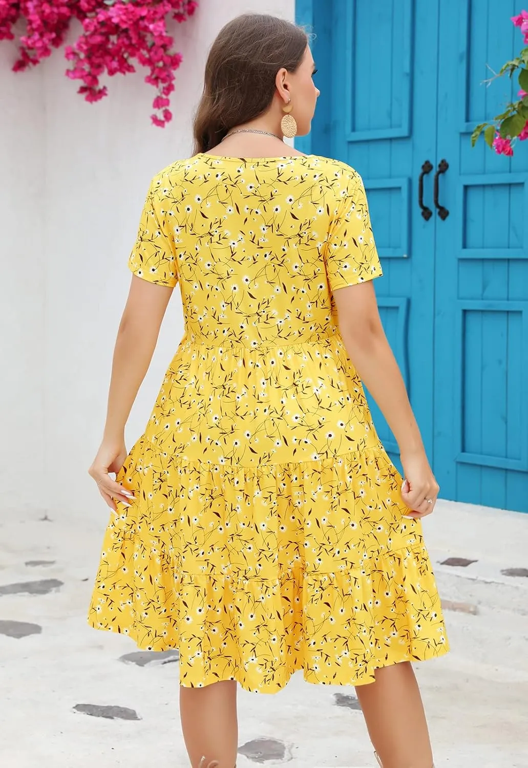 Women's Plus Size Casual Summer Tiered Dresses Short Sleeve Scoop Neck Ruffle Hem Loose Fitting Midi Babydoll Dress