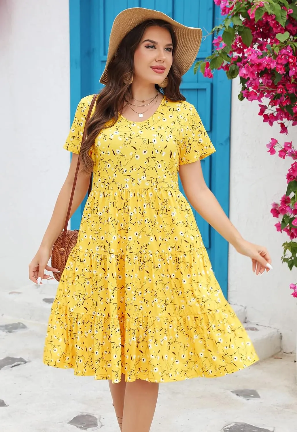 Women's Plus Size Casual Summer Tiered Dresses Short Sleeve Scoop Neck Ruffle Hem Loose Fitting Midi Babydoll Dress